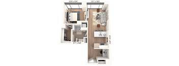 3D floor plan of two bedroom apartment layout at Cassidy on Canal Apartments, Chicago