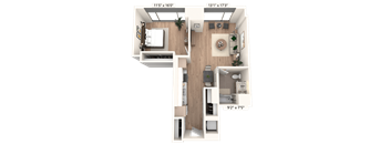 3D floor plan of one bedroom open concept apartment at Cassidy on Canal Apartments, Illinois