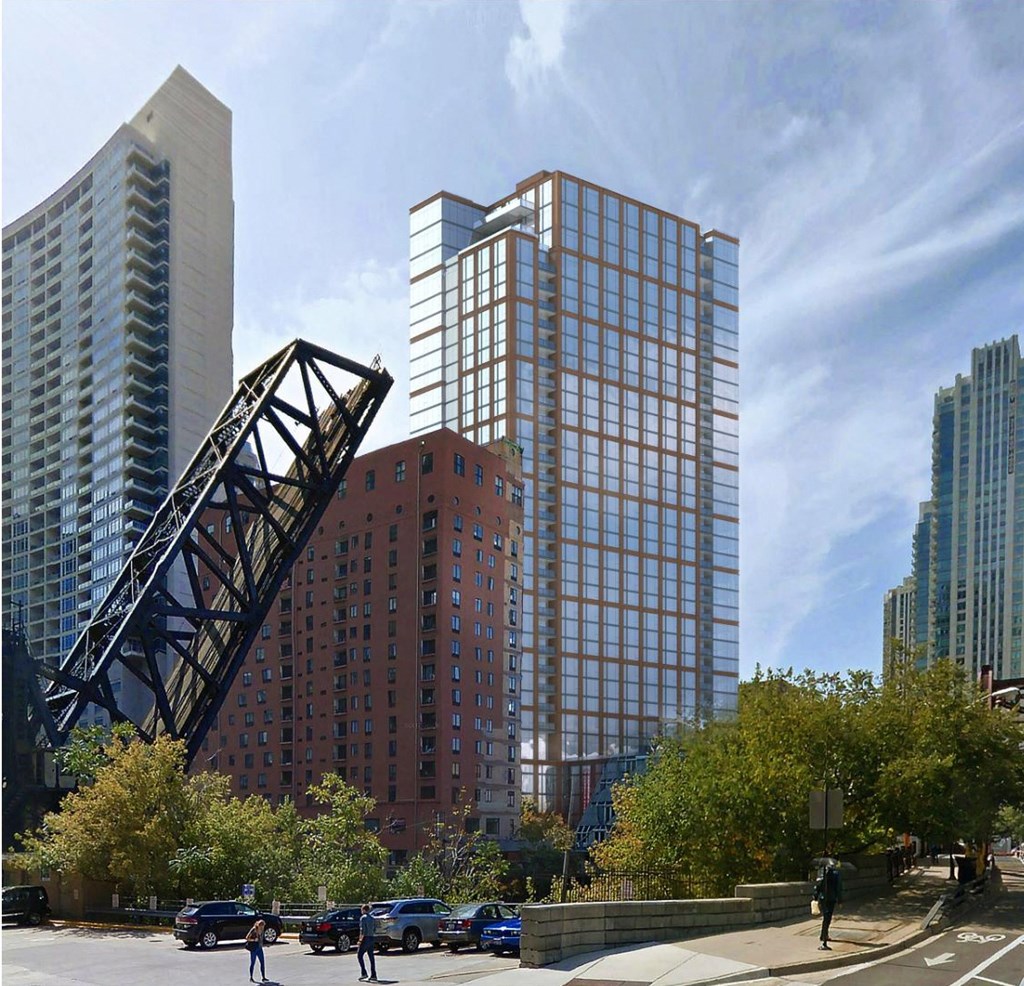 a bridge in front of a tall building  at Cassidy on Canal, Chicago