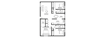 A floor plan of a small apartment with a living room, two bedrooms, a kitchen, and a bathroom.