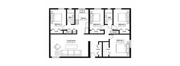 A black and white image of a floor plan for a house with five bedrooms and a living room.