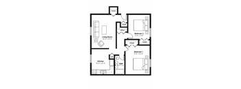 A black and white image of a house floor plan with two bedrooms, a living room, a kitchen, and a bathroom.