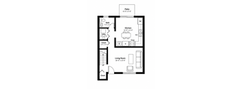 A black and white image of a floor plan for a small apartment.