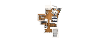 A floor plan of an apartment with a kitchen, living room, and bathroom.