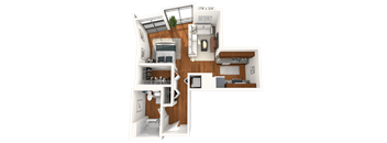 A 3D layout of a studio apartment.