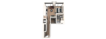 3D floor plan studio apartment with walk-in closet at Cassidy on Canal Apartments, Chicago, 60606