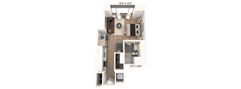 3D floor plan of studio apartment layout at Cassidy on Canal Apartments, Chicago, Illinois