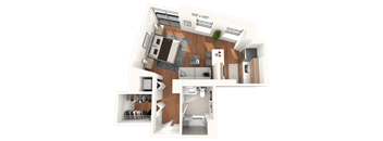A 3D floor plan of a studio apartment with a kitchen, living room, and bathroom.