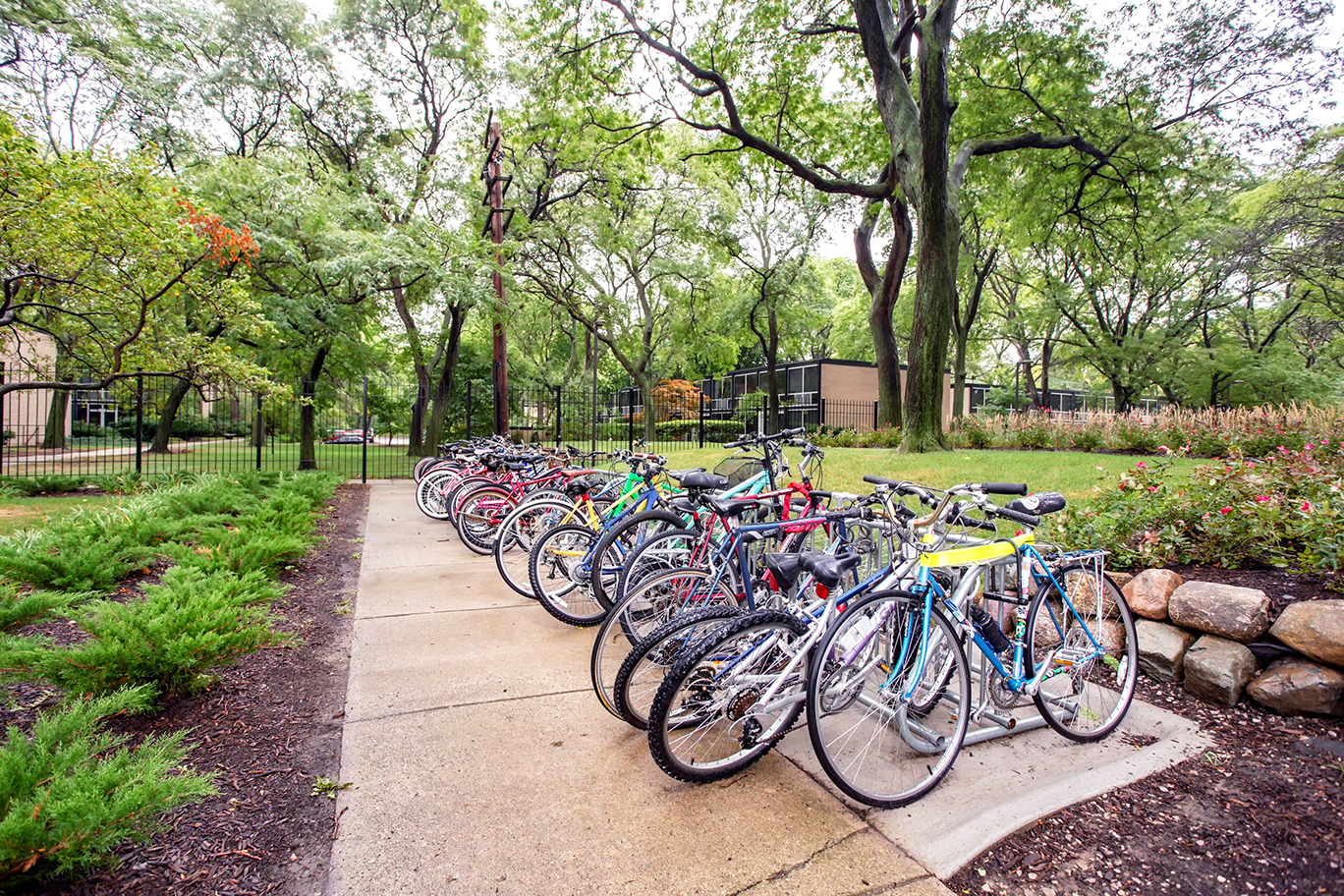 Landscaped park area with bike rack at The Pavilion, Detroit, MI