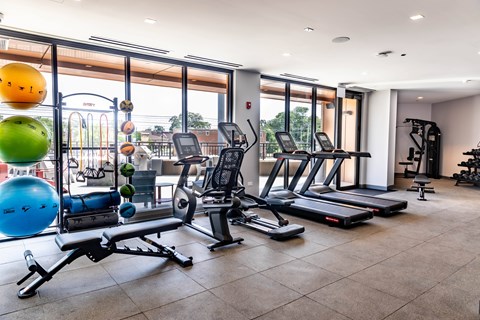 A gym with a variety of equipment including treadmills, weights, and exercise balls.