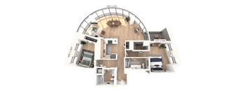 A 3D floor plan of a large apartment with a living room, kitchen, and two bedrooms.