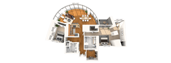A 3D floor plan of an apartment with a basketball court in the backyard.