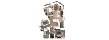 3D floor plan with bedroom bathroom and living space at Cassidy on Canal Apartments, Chicago