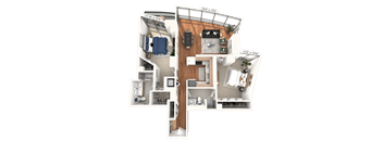 A 3D floor plan of an apartment with dimensions and furniture layout.