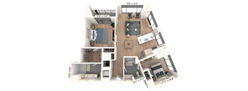 3D floor plan with two bedrooms and dining space at Cassidy on Canal Apartments, Illinois