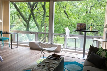 Studio apartment at The Pavilion in Detroit with floor to ceiling windows and wood style flooring - Photo Gallery 3