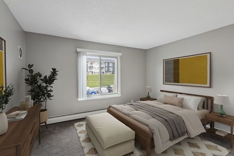 Furnished bedroom with wooden furniture and area rug at Cedarvale Highlands Apartments, Eagan, 55122