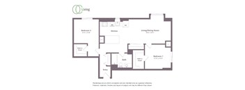 A floor plan of a living space with two bedrooms, a kitchen, and a living/dining room.