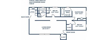 A floor plan of a typical 3 bedroom, 2 bathroom apartment.