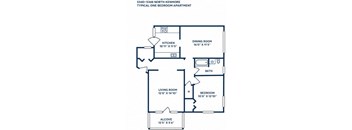 A floor plan of a one bedroom apartment with a living room, bedroom, kitchen, dining room and bathroom.