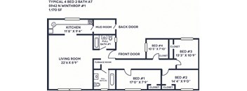 A floor plan of a 4 bedroom, 2 bathroom apartment.