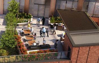 an aerial view of people in a courtyard at an office buildingat Cassidy on Canal, Chicago, IL, 60654