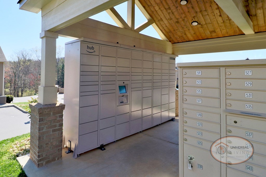 the mailboxes are secured to the side of the building