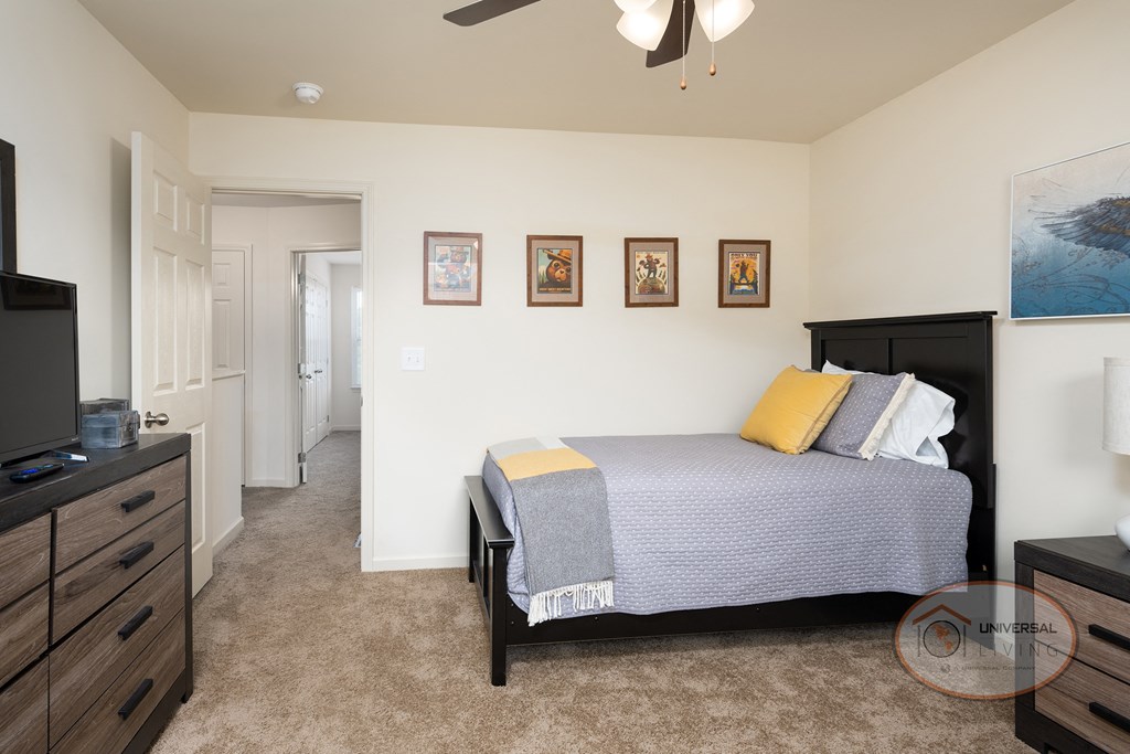 a bedroom with a bed and a dresser and a tv