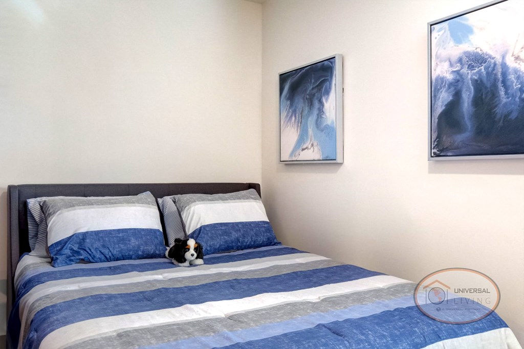 A studio apartment bedroom with large bed.