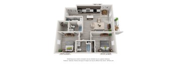 A 3d rendering of a 2 bedroom main level apartment