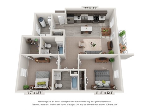 A 3d rendering of a 2 bedroom second level apartment