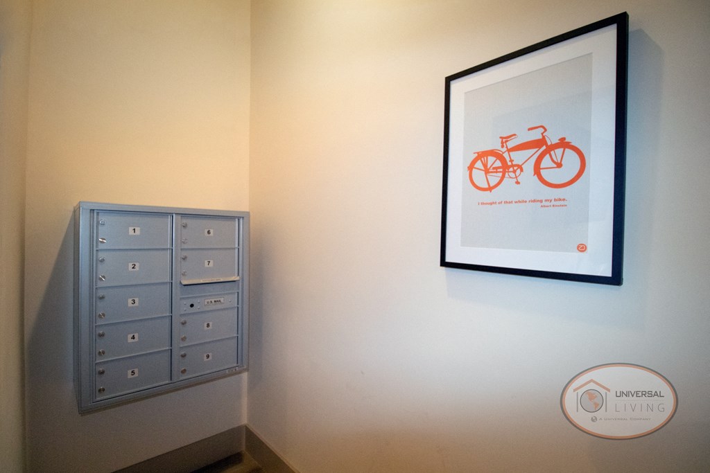 Mail center with photograph of bike.,