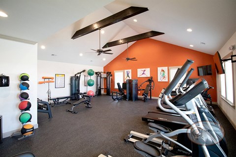 the gym has plenty of exercise equipment including treadmills and free weights