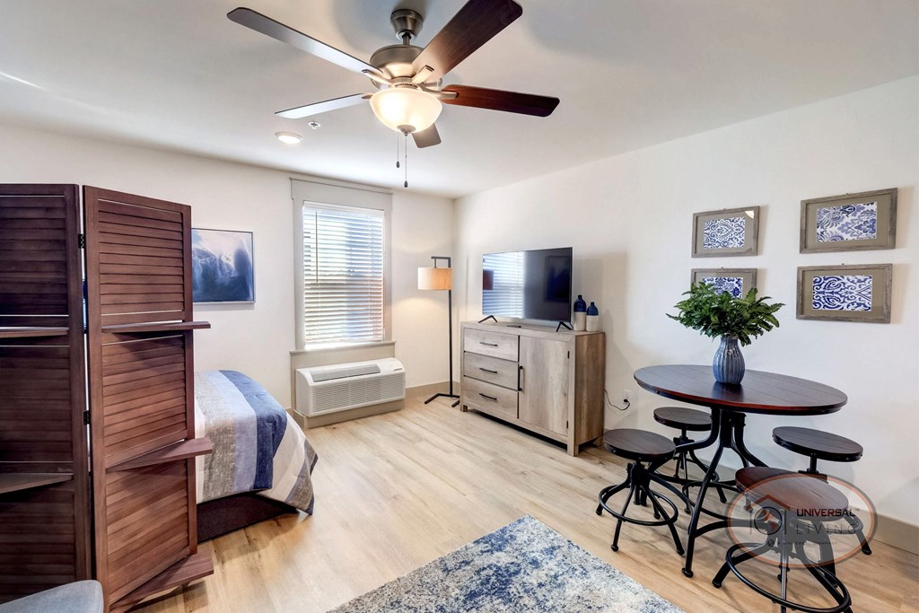 Studio apartment with large window, flat screen TV, white walls, hardwood vinyl flooring, and a ceiling fan.