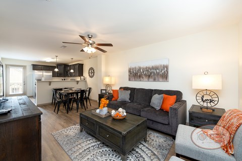 A living room with a grey couch and a coffee table.