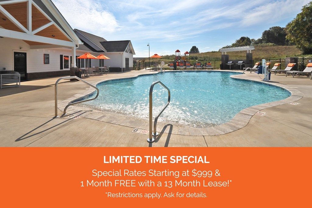 A pool with an orange banner that reads "LIMITED TIME SPECIAL: Special Rates Starting at $999 & 1 Month FREE with 13 Month Lease!* *Restrictions apply. Ask for details."