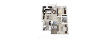 a stylized floor plan of a 1 bedroom apartment with a bathroom and a balcony