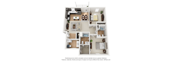 A 3D floor plan of a small apartment with a kitchen, living room, and bathroom.