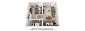 this is a 3d floor plan of a 1 bedroom apartment