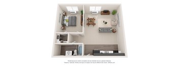 a floor plan of a one bedroom apartment with a living room and kitchen