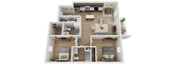 A 3D floor plan of a house with multiple rooms and furniture.