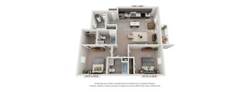 A 3D floor plan of a small apartment with two bedrooms, a living room, and a kitchen.