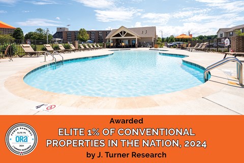 Universal at Mockingbird Lane Apartment Home Community in Johnson City, Tennessee. A swimming pool with a banner that reads Awarded Elite 1% of Conventional Properties in the Nation, 2024 by J. Turner Research.