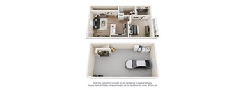 A 3D floor plan of a two-bedroom apartment with a living room, kitchen, and bathroom.