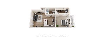 A 3D floor plan of a small apartment with a kitchen, living room, and bedroom.