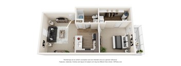A 3D floor plan of a small apartment with a kitchen, living room, and bedroom.
