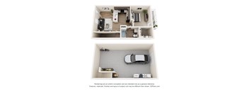 A 3D floor plan of a house with a car parked in the garage.