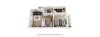 A 3D floor plan of a small apartment with a kitchen, living room, and bedroom.