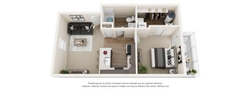 A 3D floor plan of a house with a kitchen, living room, and bedrooms.