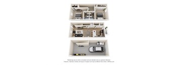 Three floor plans of a house with a kitchen, living room, and bedrooms.